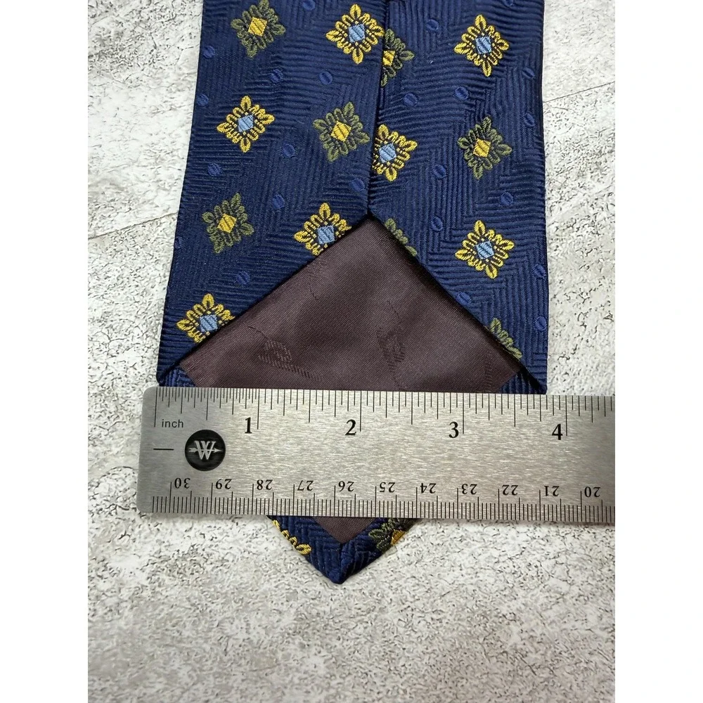 XM PLATINUM Tie Mens One Size Blue Gold 100% Silk Floral Jacquard Medallion